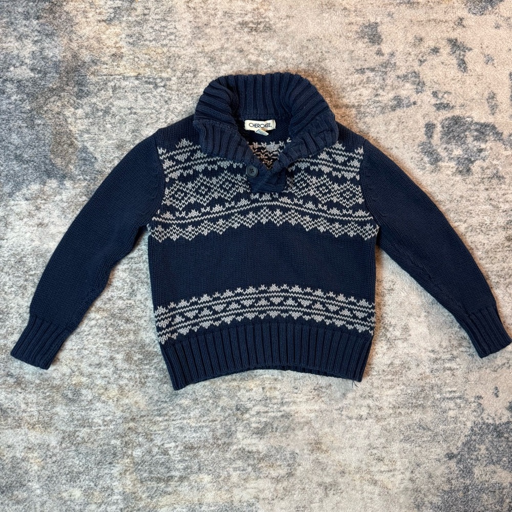 Cherokee Kids Navy Blue Fair Isle Shawl Collar Cotton Knit Sweater Size XS‎ 4/5